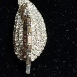 Vintage Art Deco White Rhinestone Silver Leaf Brooch
